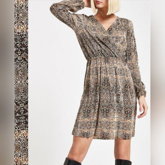 River Island Snake Print Wrap Dress Size Small Long Sleeve Boho Wedding Guest - Picture 1 of 8